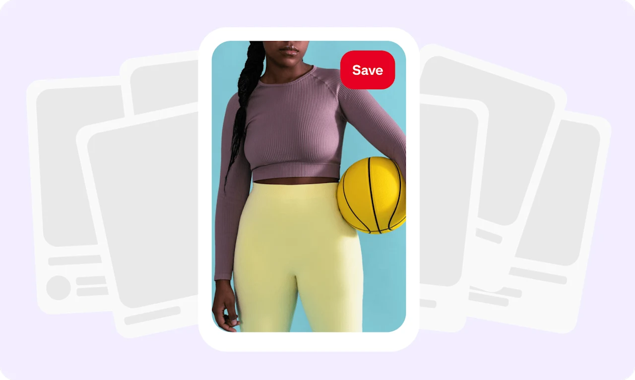 Pin of woman in fitness clothing holding yellow basketball, numerous pins fanned out behind central pin