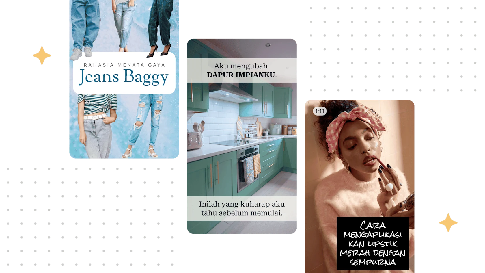 Tiga pin ditampilkan pada latar belakang terang dengan pola titik halus.