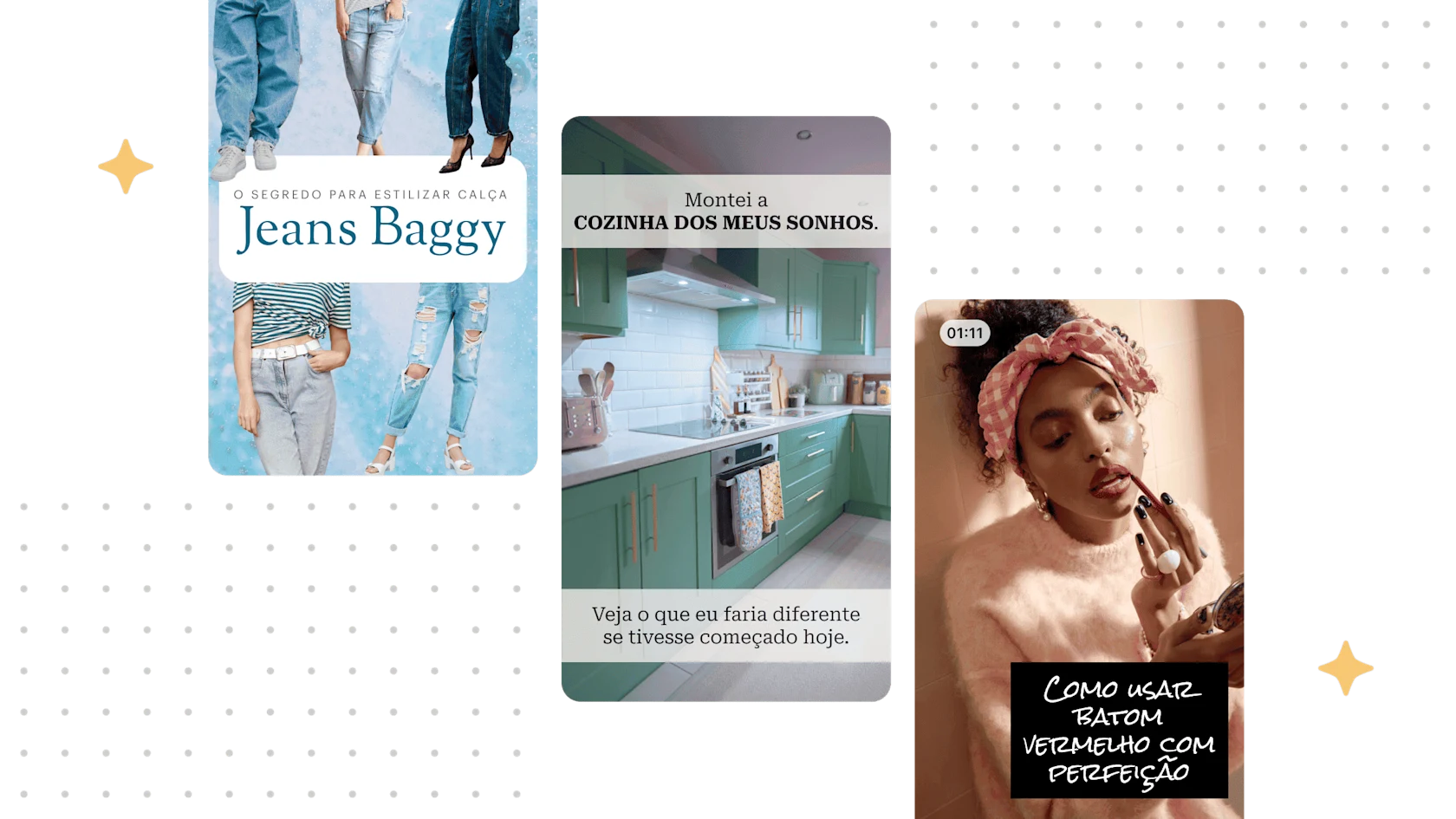 Três Pins exibidos em um fundo claro com padrão de pontos sutis.