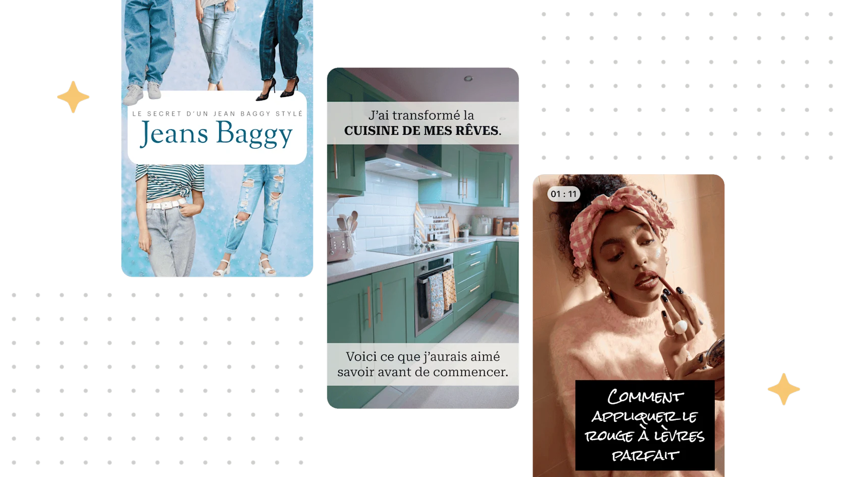 Trois Épingles disposées sur un fond clair avec un motif à pois subtil.