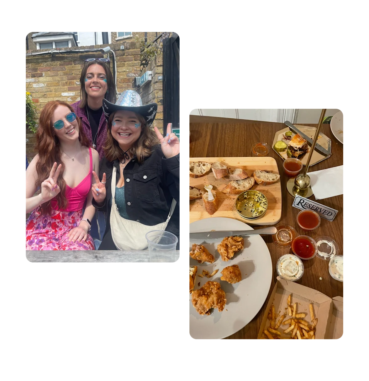 Dois Pins, três pessoas com acessórios divertidos, tábuas de comidas para compartilhar