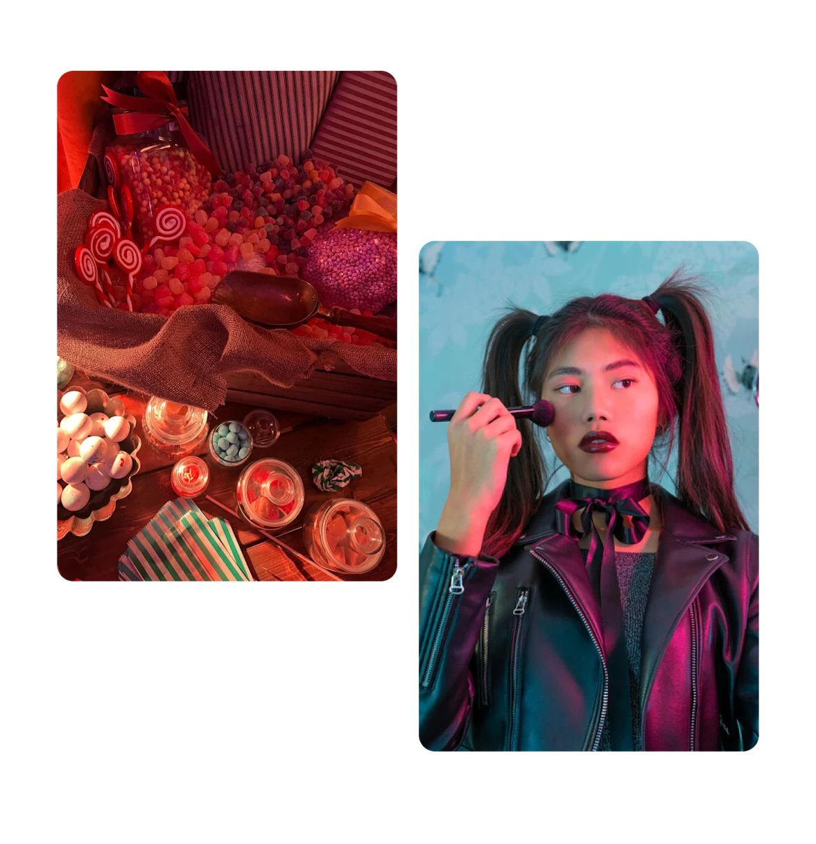 Two pins, table full of sugary snacks, girl with black lipstick