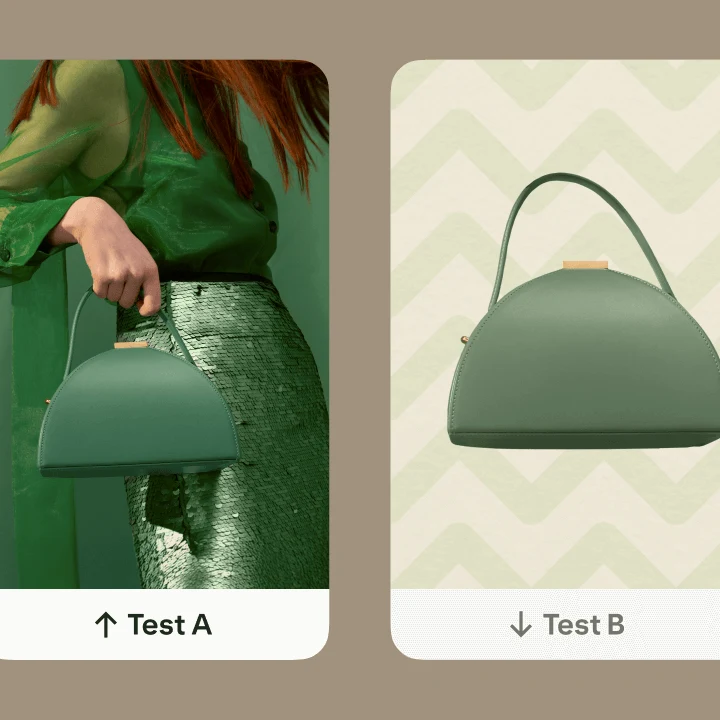 Two Pins of green handbags side-by-side, with the captions "Test A" and "Test B"