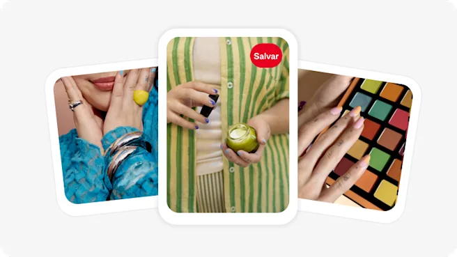 Uma linha de três Pins: uma imagem aproximada de uma mulher com as mãos no rosto, usando pulseiras prateadas; uma pessoa abrindo um pote de creme; e uma paleta de maquiagem com sombras ousadas e coloridas.