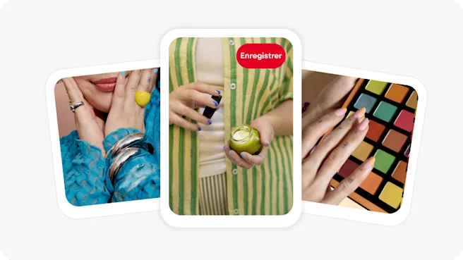 Une rangée de trois Épingles : un gros plan d’une femme qui pose ses mains sur son visage et qui porte des bracelets manchettes argentés ; une personne ouvrant un pot de lotion ; une palette de fard à paupières aux couleurs vives.