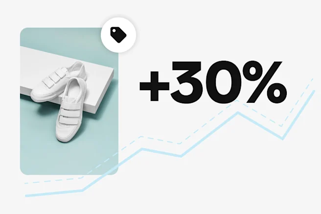 Un par de zapatillas blancas con velcro sobre un fondo celeste. Junto a ellas, se destaca el texto “más del 30%”, acompañado de un gráfico lineal que indica el crecimiento. Un ícono de etiqueta aparece encima de la imagen de las zapatillas.