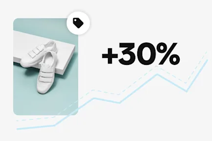 Một đôi giày màu trắng có quai hiển thị trên nền màu xanh nhạt. Bên cạnh đôi giày, dòng chữ "+30%" hiển thị nổi bật, kèm theo biểu đồ đường biểu thị mức tăng trưởng. Một biểu tượng thẻ được đặt phía trên đôi giày