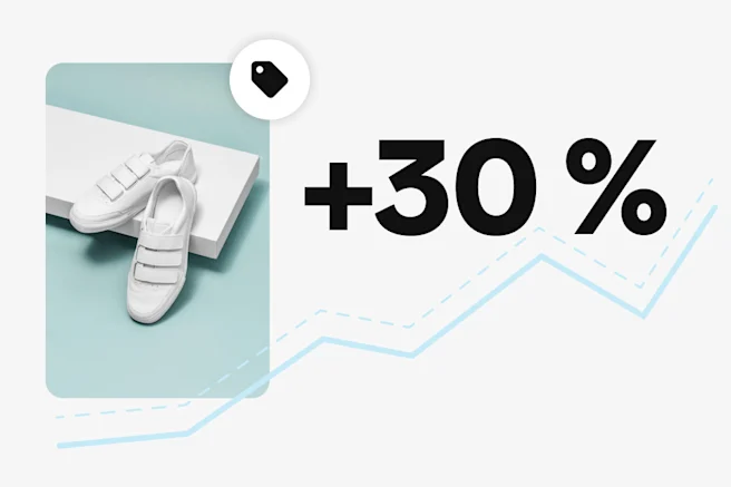Ein Paar weiße Schuhe mit Riemen auf hellblauem Hintergrund. Neben den Schuhen ist der Text „+30 %“ zu sehen, zusammen mit einem Liniendiagramm, das Wachstum zeigt. Über den Schuhen befindet sich ein Tag-Symbol.