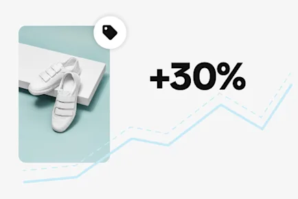รองเท้าสีขาวมีสายรัดคู่หนึ่งวางอยู่บนพื้นหลังสีฟ้าอ่อน ถัดจากรองเท้าจะมีข้อความ "+30%" ปรากฏอย่างโดดเด่น พร้อมด้วยกราฟเส้นแสดงการเติบโต มีไอคอนป้ายราคาอยู่เหนือรองเท้า