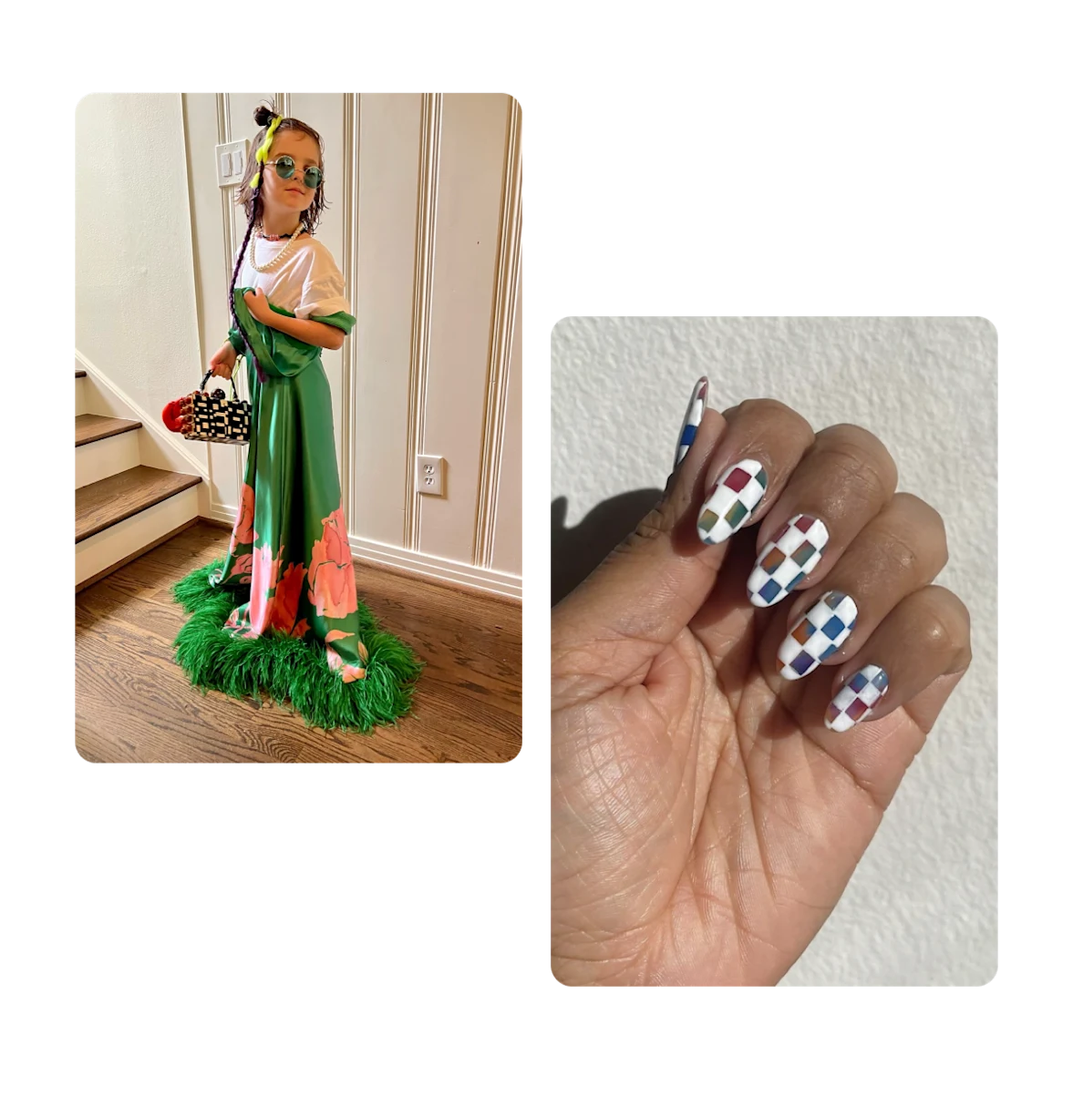 2 pins, young boy wearing a dress, checkered manicure