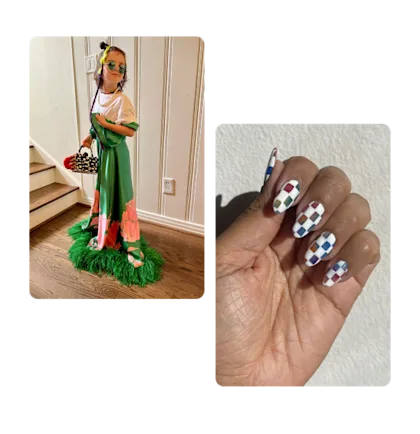 2 pins, young boy wearing a dress, checkered manicure