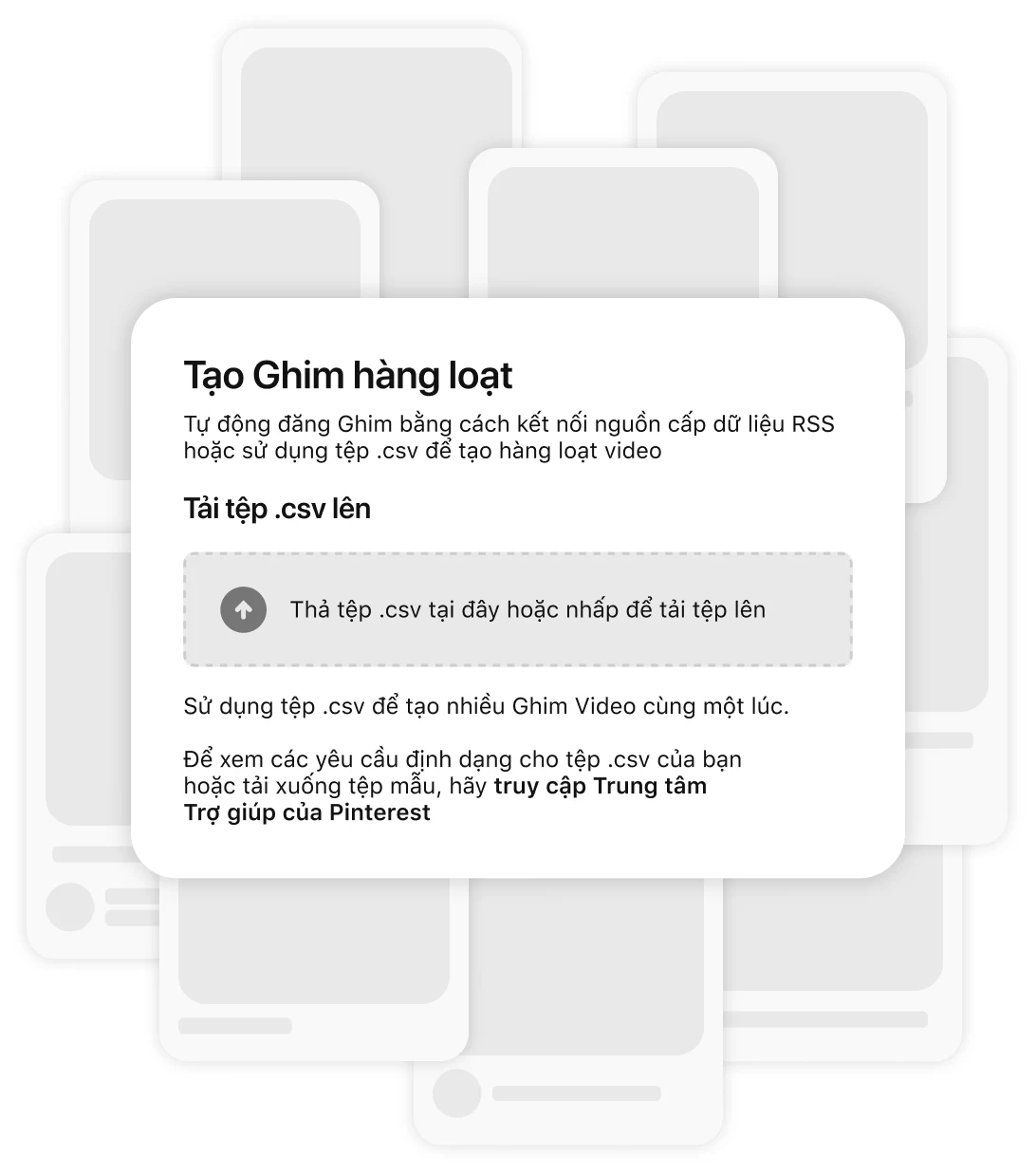 Ảnh ghép các mục ghim trống với tính năng "Tạo mục Ghim hàng loạt" ở phía trước