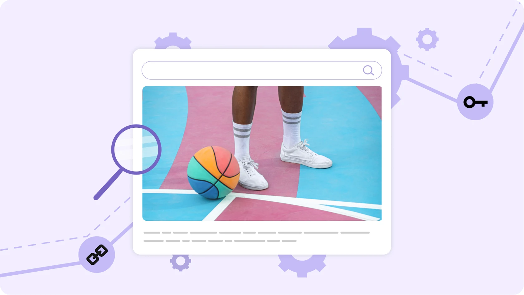 a search bar with a resulting image of legs standing on a pink and blue basketball court next to a rainbow basketball. A purple magnifying glass hovers over the image on a purple background with gears and a line graph going up with link and keyword icons