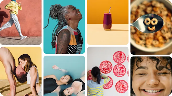 Collage de personnes en train de courir, sourire, flotter dans l’eau, décorer un mur et jouer avec un bol de céréales.