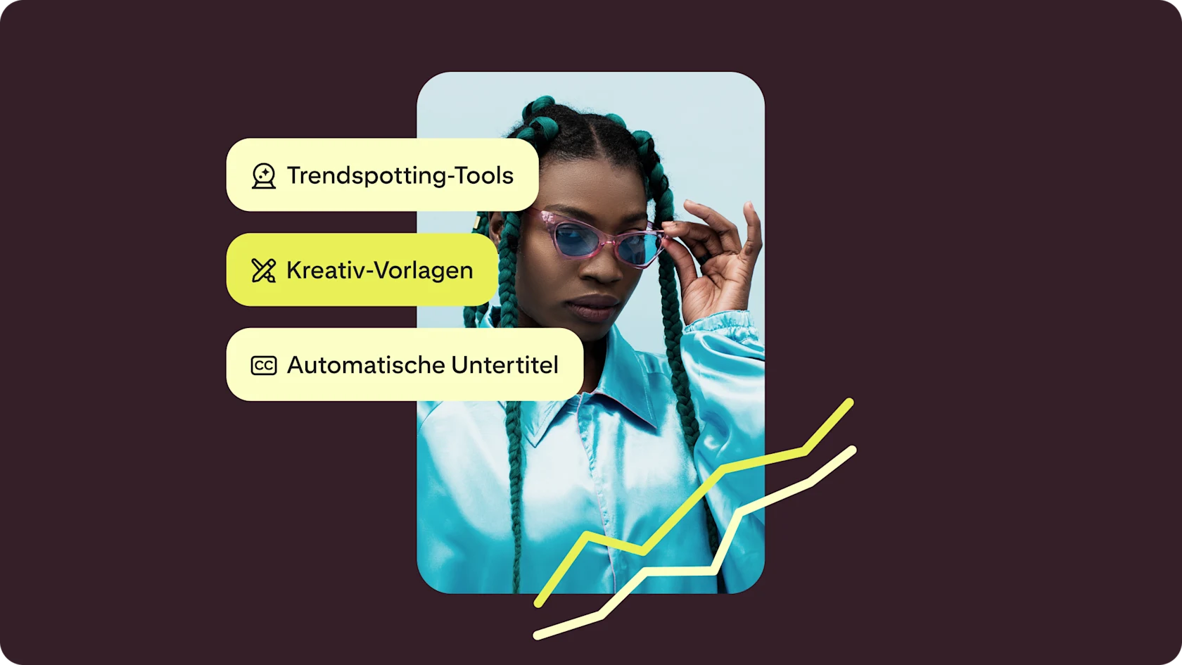 Eine Frau mit langen schwarzen und türkisen Braids, die eine hellblaue Trainingsjacke trägt und eine pinkfarbene Sonnenbrille mit blauen Gläsern nach vorne neigt. In Textblasen steht „Trendspotting-Tools“, „Kreativ-Vorlagen“ und „Automatische Untertitel“.