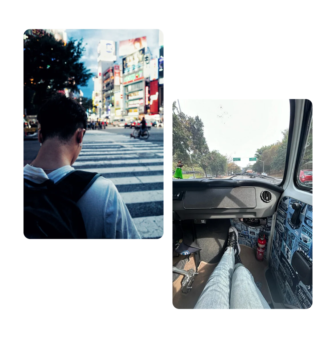 Two pins, man with backpack crossing street, woman crossing street