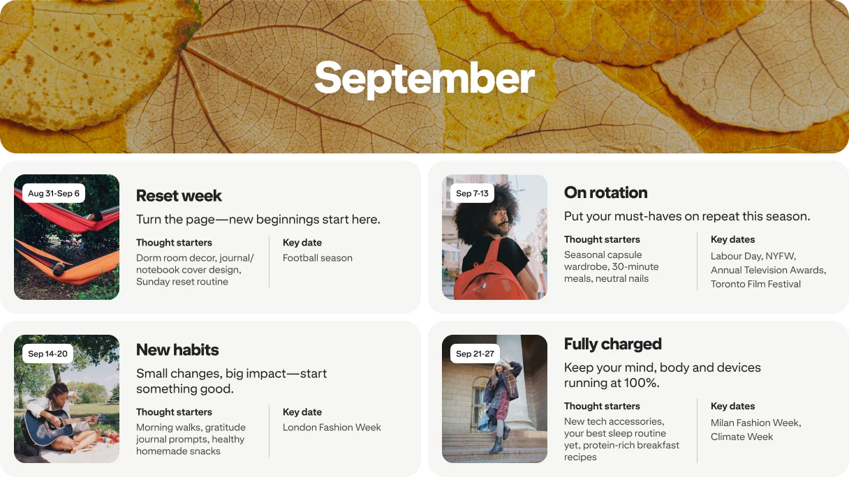 September planner view with four cards: Reset week, On rotation, New habits and Fully charged, each dated and paired with photos.