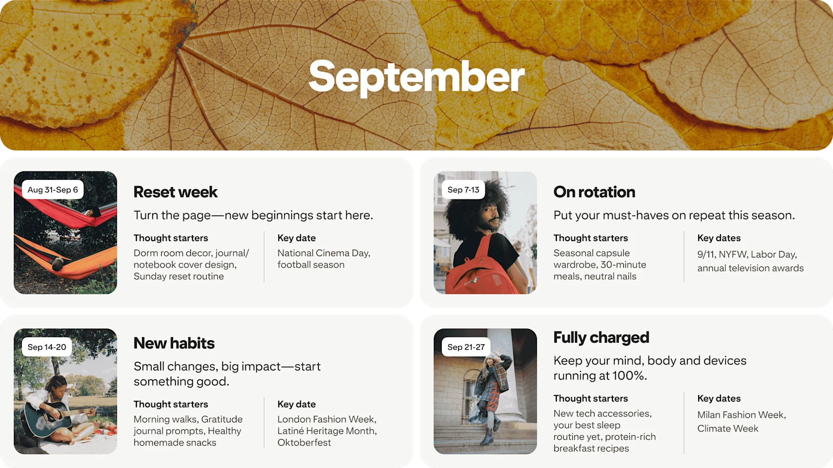 September planner view with four cards: Reset week, On rotation, New habits and Fully charged, each dated and paired with photos.