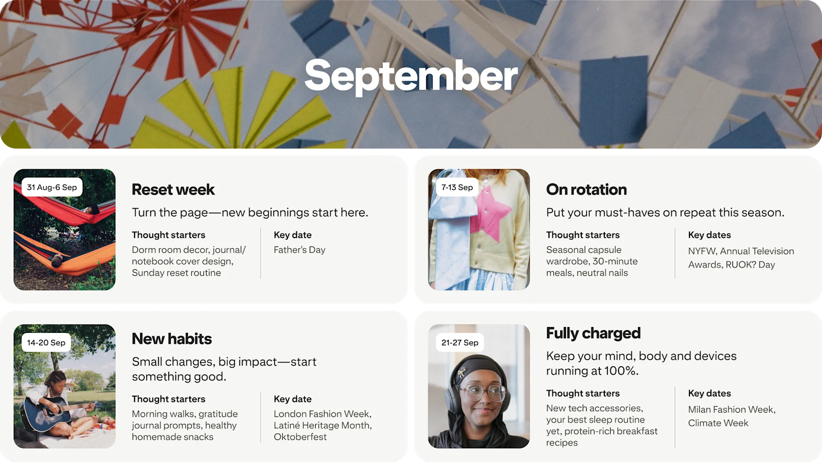 September planner view with four cards: Reset week, On rotation, New habits and Fully charged, each dated and paired with photos.