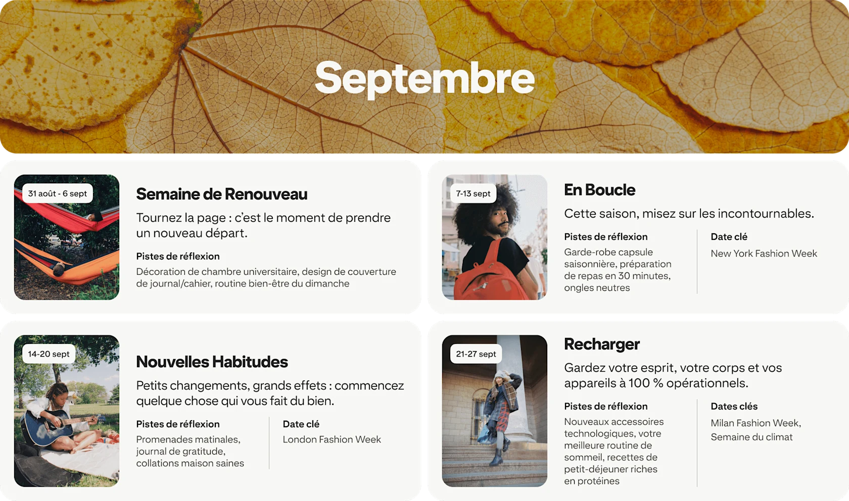 September planner view with four cards: Reset week, On rotation, New habits and Fully charged, each dated and paired with photos.