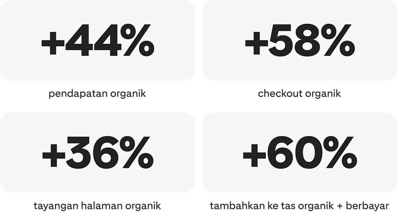 +44% pendapatan organik; +58% checkout organik; +36% tayangan halaman organik; +60% tambahkan ke tas organik + berbayar