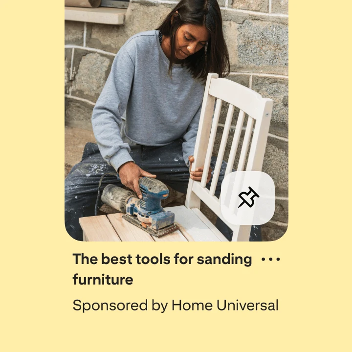 Sponsored Pin of a woman using a sanding tool on a white wooden chair