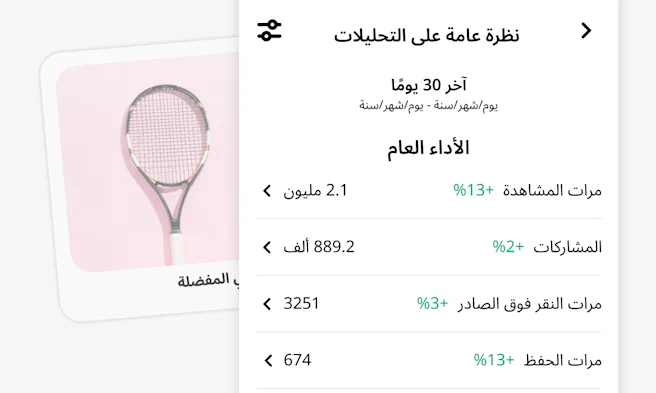 لقطة شاشة من هاتف محمول لأداة الإحصاءات في Pinterest خلال آخر 30 يومًا، تضم مقاييس مثل عدد مرات المشاهدة والمشاركات والنقرات فوق الصادر ومرات الحفظ. تعرض الصورة مضرب تنس على خلفية وردية مع التسمية التوضيحية "معداتي المفضلة".