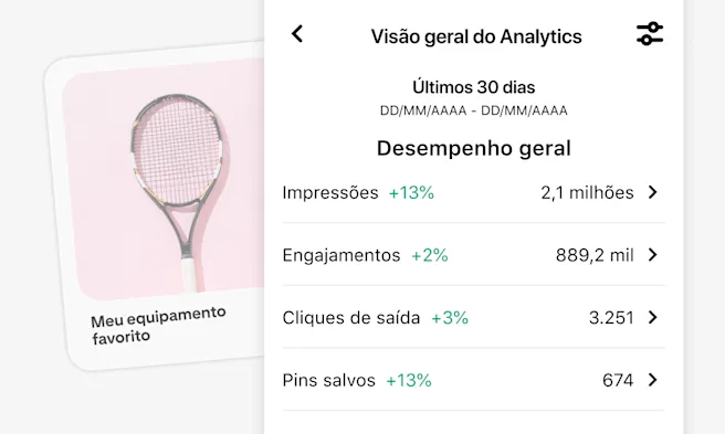Captura de tela da ferramenta Analytics do Pinterest nos últimos 30 dias, com métricas como impressões, engajamentos, cliques de saída e Pins salvos. A imagem exibe uma raquete de tênis sobre um fundo rosa com a legenda "Meu equipamento favorito".