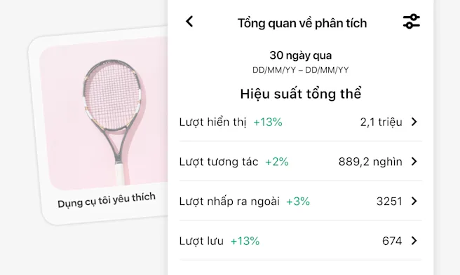 Ảnh chụp màn hình công cụ Phân tích của Pinterest trên thiết bị di động trong 30 ngày qua, hiển thị số liệu về Lượt hiển thị, Lượt tương tác, Lượt nhấp ra ngoài và Lượt lưu. Hình ảnh một cây vợt tennis trên nền hồng, kèm chú thích "Dụng cụ tôi yêu thích".