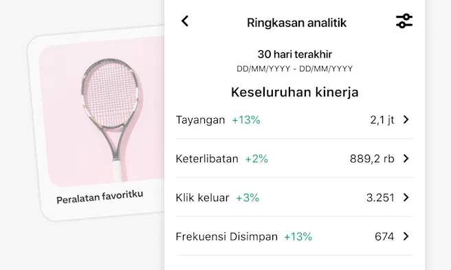 Jepretan layar ponsel alat Analitik Pinterest dalam 30 hari terakhir, yang menampilkan metrik Tayangan, Keterlibatan, Klik Keluar, dan Frekuensi Disimpan. Gambar ini menampilkan raket tenis pada latar merah muda dengan tulisan "Peralatan favoritku".