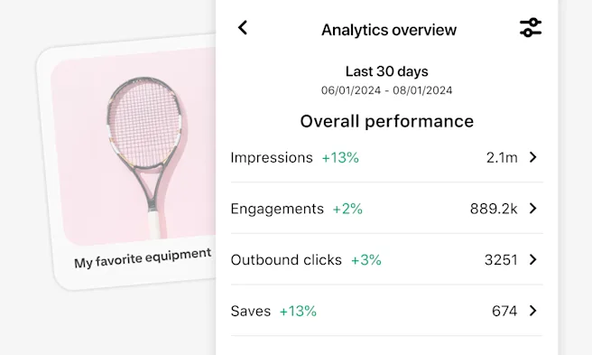 Mobile screen snapshot of Pinterest's Analytics tool for the last 30 days, featuring metrics like Impressions, Engagements, Outbound Clicks, and Saves. The image displays a tennis racket on a pink background with the caption "My favorite equipment."
