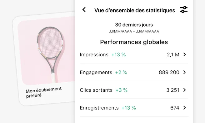 Image de l’outil Pinterest Analytics sur les 30 derniers jours, avec des précisions sur l’impression, l’engagement, les clics sortants et les enregistrements. Sur l’image : une raquette de tennis sur fond rose et en légende : « Mon équipement préféré ».