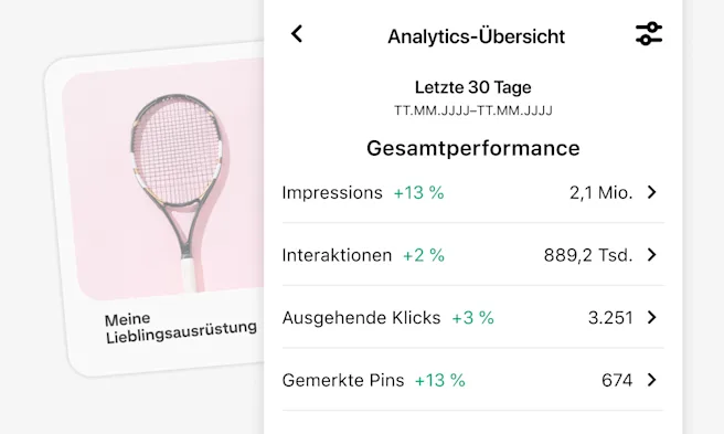 Analytics-Tools von Pinterest für die letzten 30 Tage mit Metriken wie Impressions, Interaktionen, ausgehenden Klicks und „Merken“-Aktionen. Das Bild zeigt einen Tennisschläger auf einem rosa Hintergrund mit der Unterschrift „Meine Lieblingsausrüstung“.