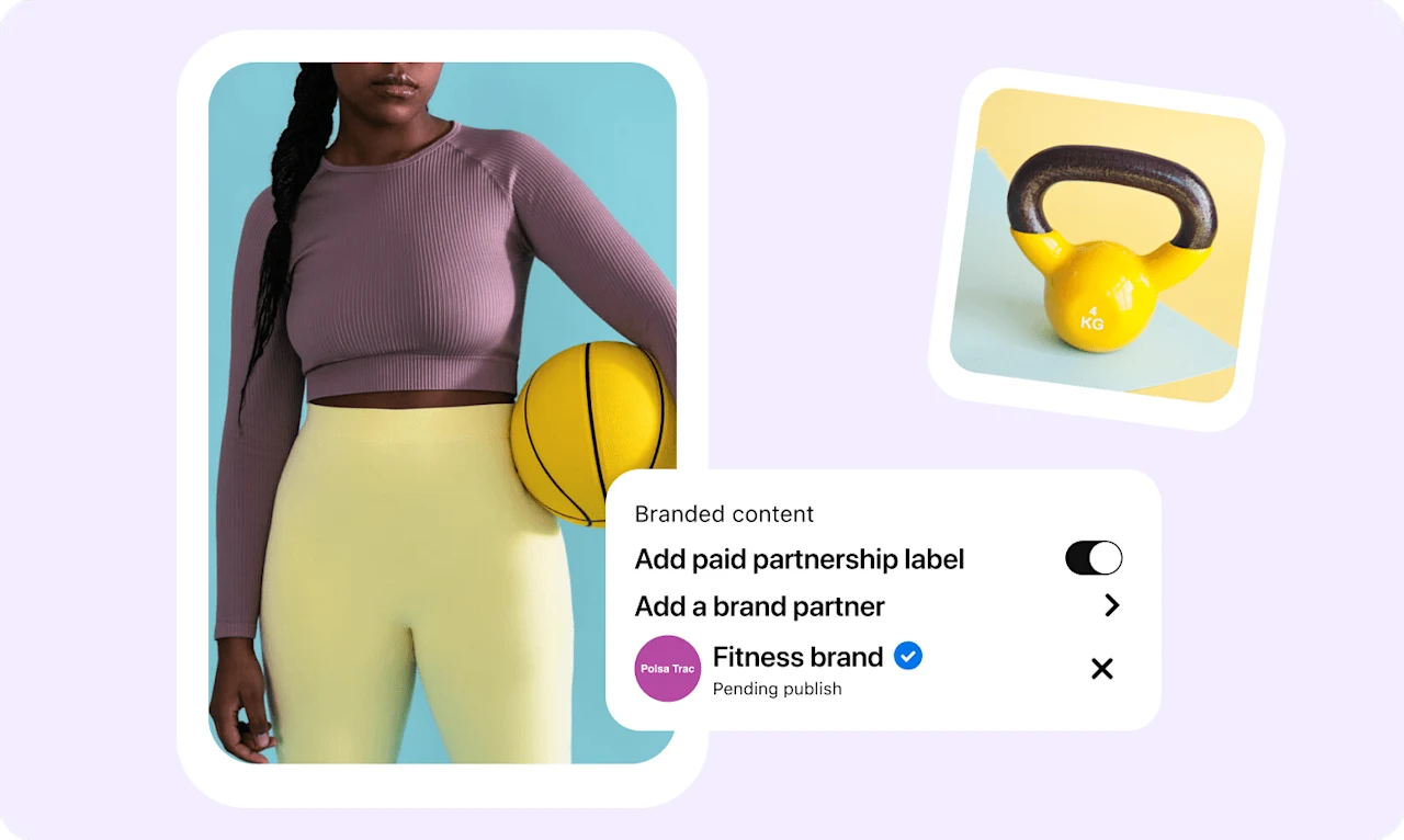 Pin of woman in fitness clothing holding yellow basketball with Pinterest paid partnership partially overlaid on Pin