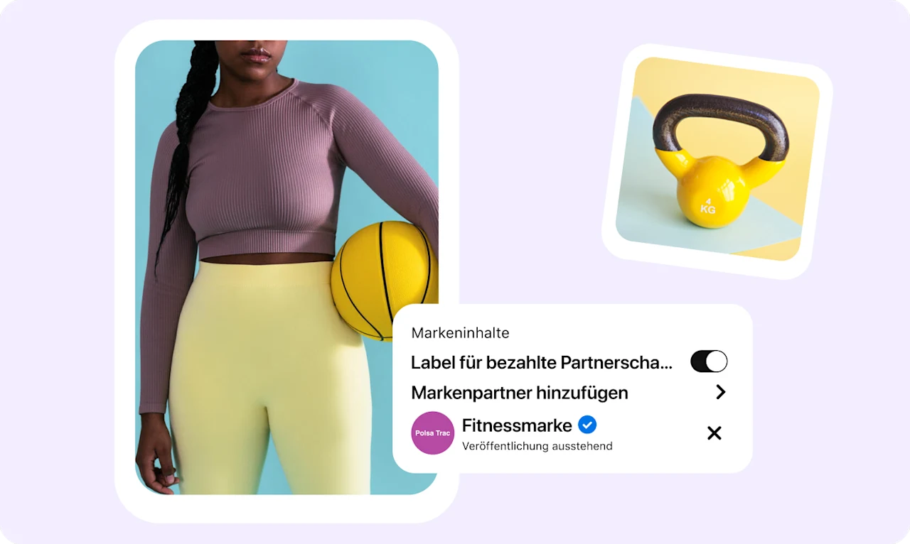 Pin mit einer Frau in Sportkleidung, die einen gelben Basketball hält. Ein Feld mit Infos zur bezahlten Partnerschaft auf Pinterest überlappt zum Teil.