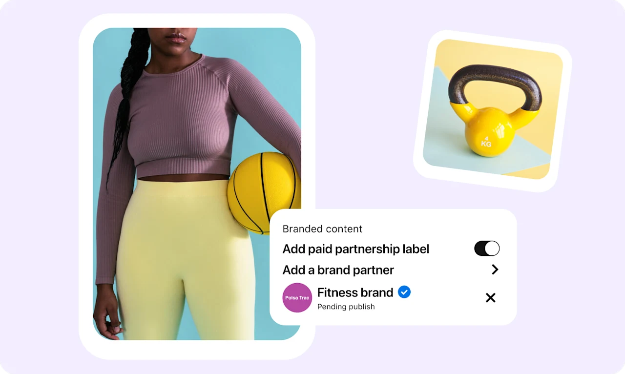 Pin of a woman in fitness clothing holding a yellow basketball with a Pinterest paid partnership partially overlaid on the Pin