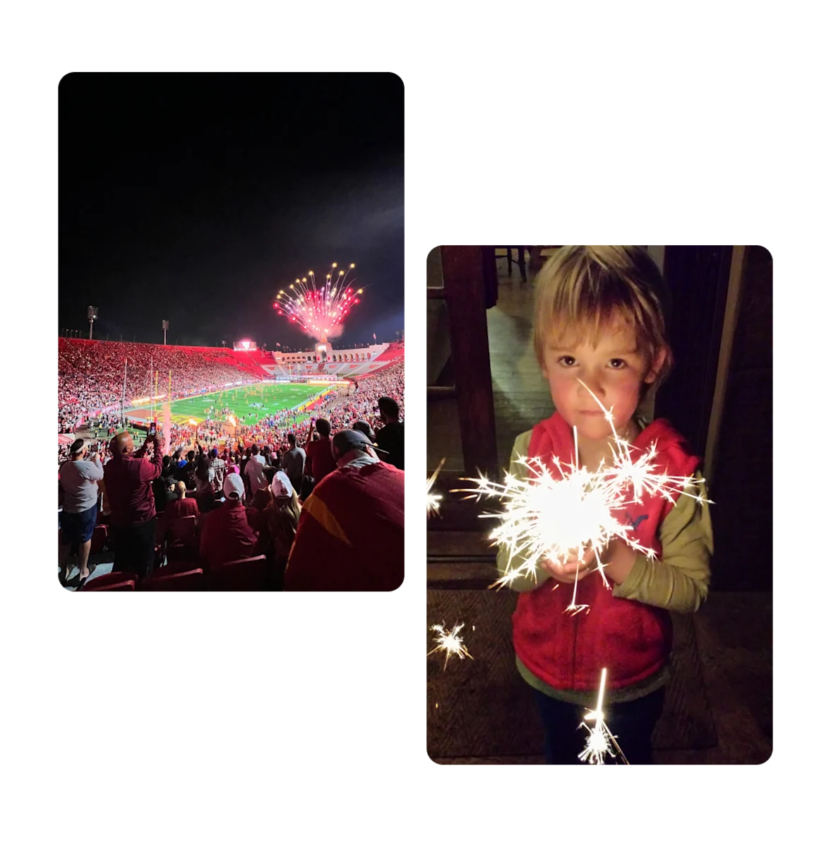 Two pins, football game with fireworks, young boy holding sparklers