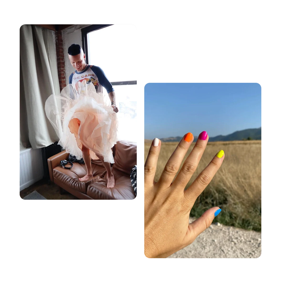 Two pins, standing on couch wearing big skirt, rainbow nails