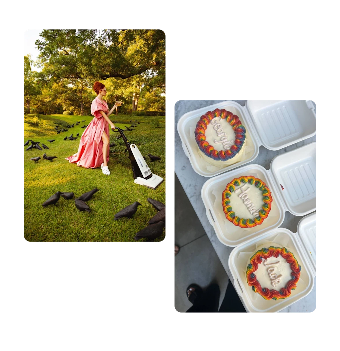 Two pins, woman in gown holding vacuum and cocktail, three name cakes