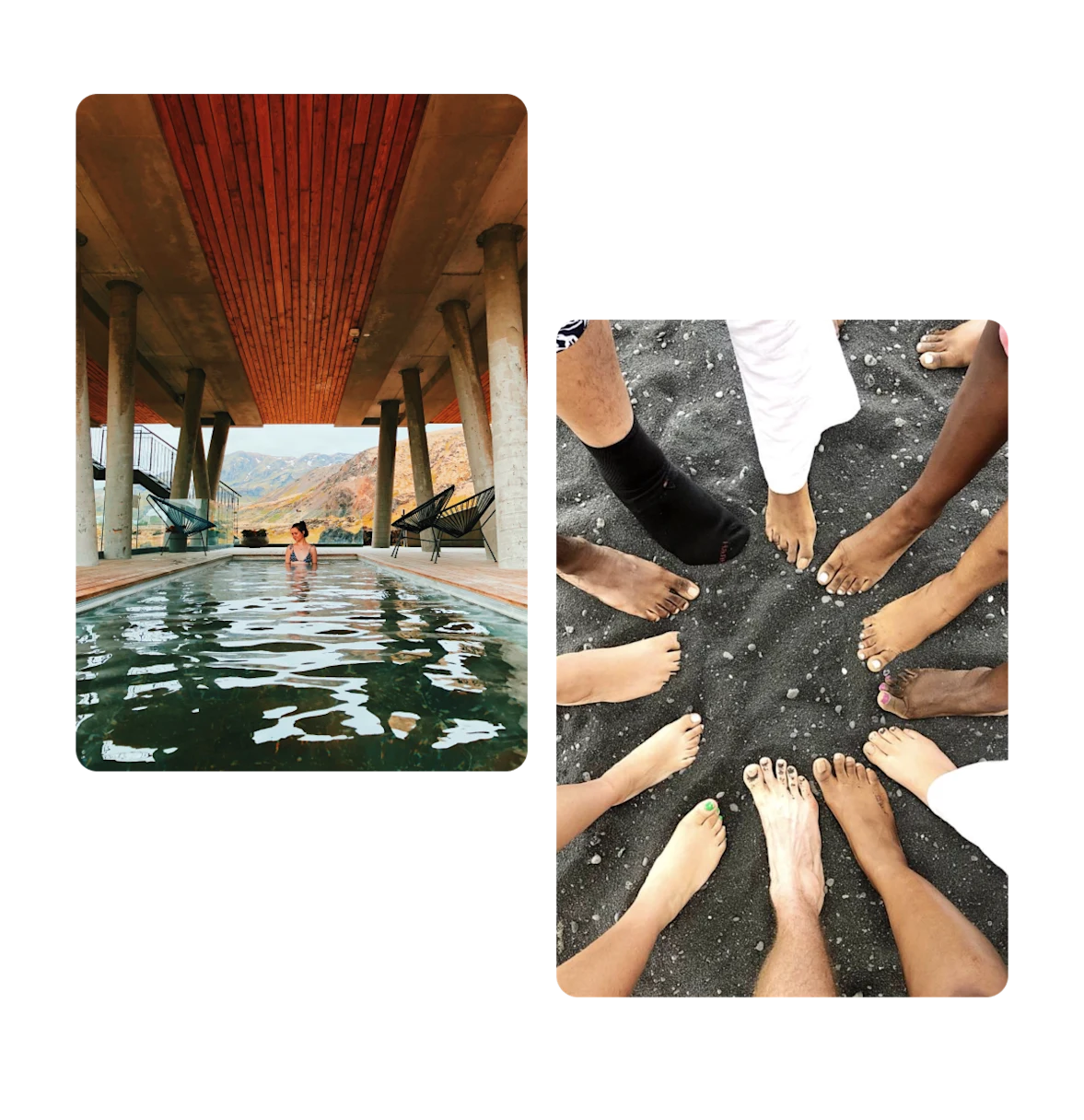 Dois Pins, mulher na piscina de um spa, pés de amigos na praia