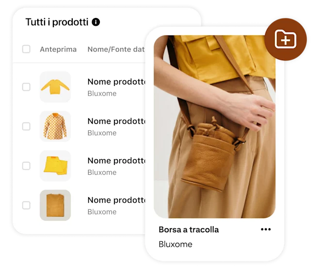 Pin stilizzato di una persona in posa con una borsa a tracolla in pelle marrone sul catalogo di Pinterest, che mostra alcuni prodotti tra cui un maglione giallo, una camicia a fantasia, pantaloni gialli e un maglione ocra.