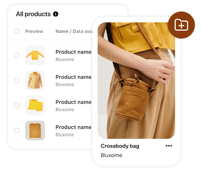 Stylized pin of a model with a brown leather crossbody bag on Pinterest's catalog, showcasing product options such as a yellow sweatet, a patterned shirt, yellow pants and tan sweater.