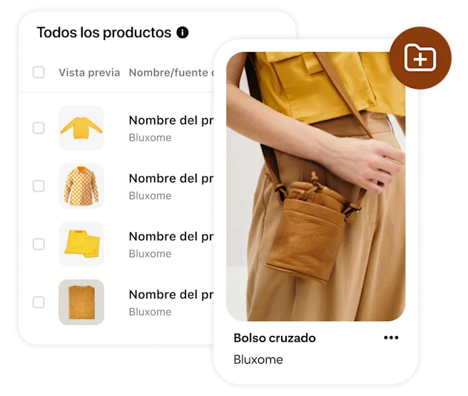 Un Pin estilizado de una modelo con bandolera de cuero marrón del catálogo de Pinterest, en el que se muestran opciones de productos como un suéter amarillo, una camisa estampada, pantalones amarillos y un suéter marrón.