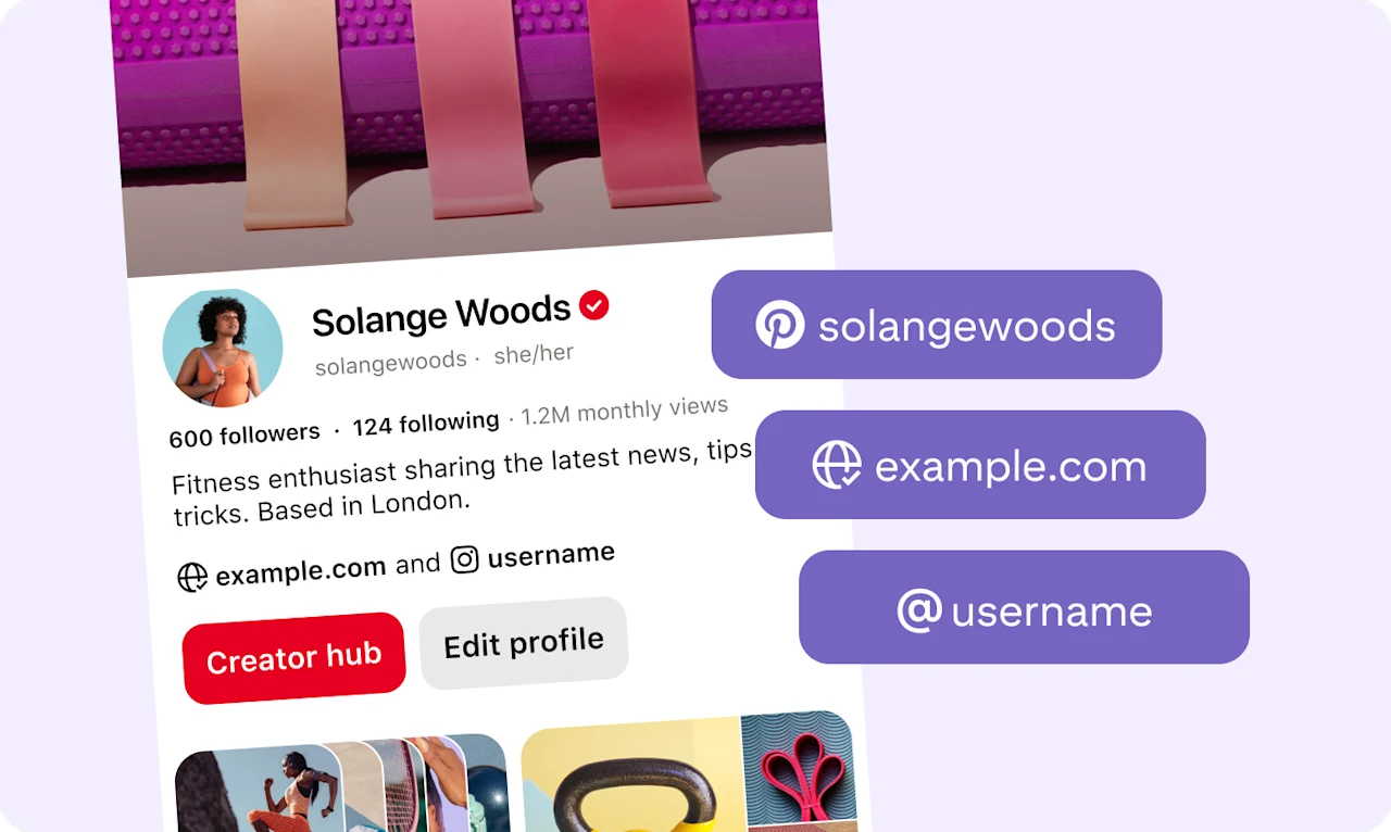 Pinterest profile of Solange woods with Pinterest username, user website and Instagram username overlaid in pop-up rectangles