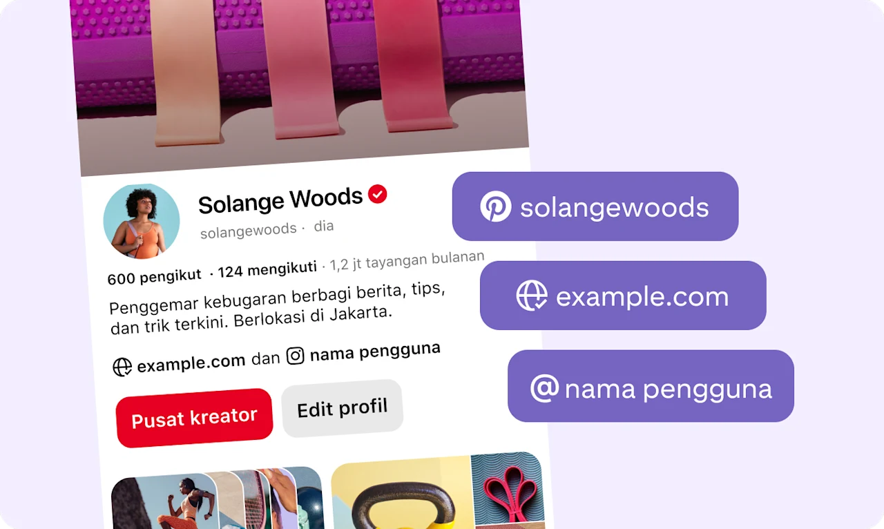 Profil Pinterest Solange Woods dengan nama pengguna Pinterest, situs web pengguna, dan nama pengguna Instagram yang terhampar dalam persegi panjang pop-up