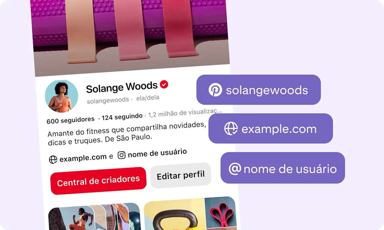 A imagem mostra o perfil de Solange Woods com o nome de usuário do Pinterest, o site e o nome de usuário do Instagram sobrepostos em retângulos pop-up.