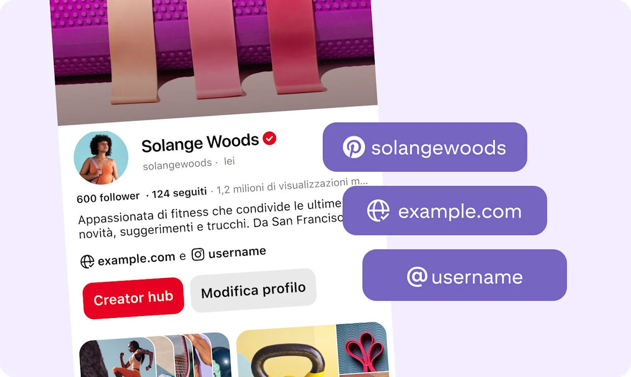 Profilo Pinterest di Solange Woods con il nome utente Pinterest, il sito web dell'utente e il nome utente Instagram sovrapposti in rettangoli pop-up