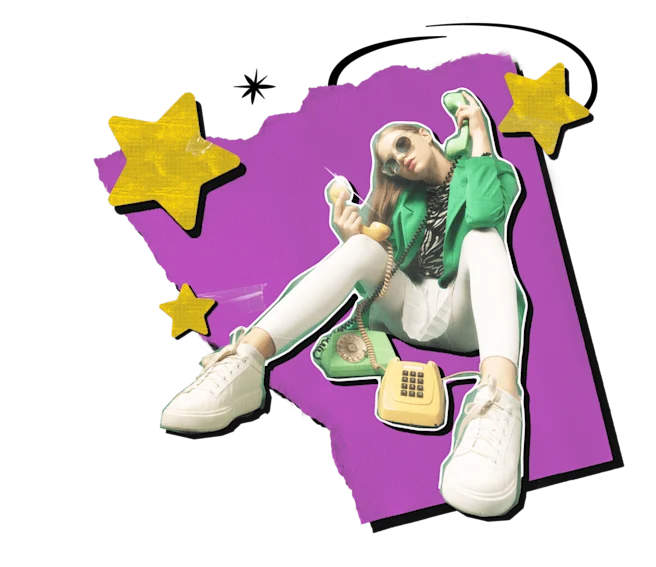 Collage featuring a cutout of a young woman sitting and holding two retro telephone layered over a purple background with torn edges and three gold star cutouts