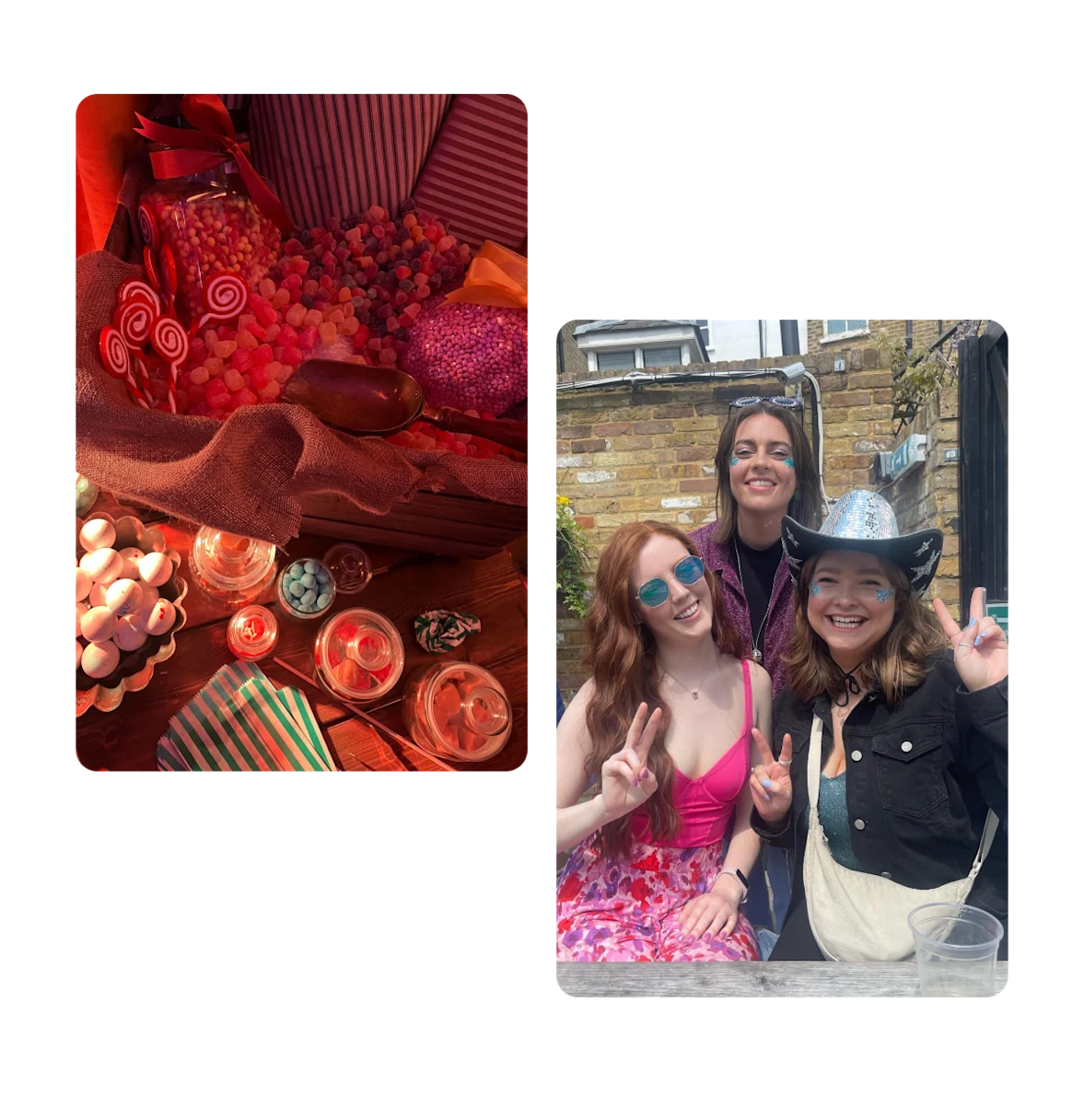 Two pins, one showing candy for event, and three girls with fan face paint on posing.