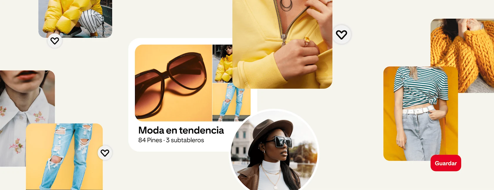 Un collage de Pines de moda femenina alrededor de un tablero de tendencias de moda y el avatar de una joven con sombrero y anteojos de sol